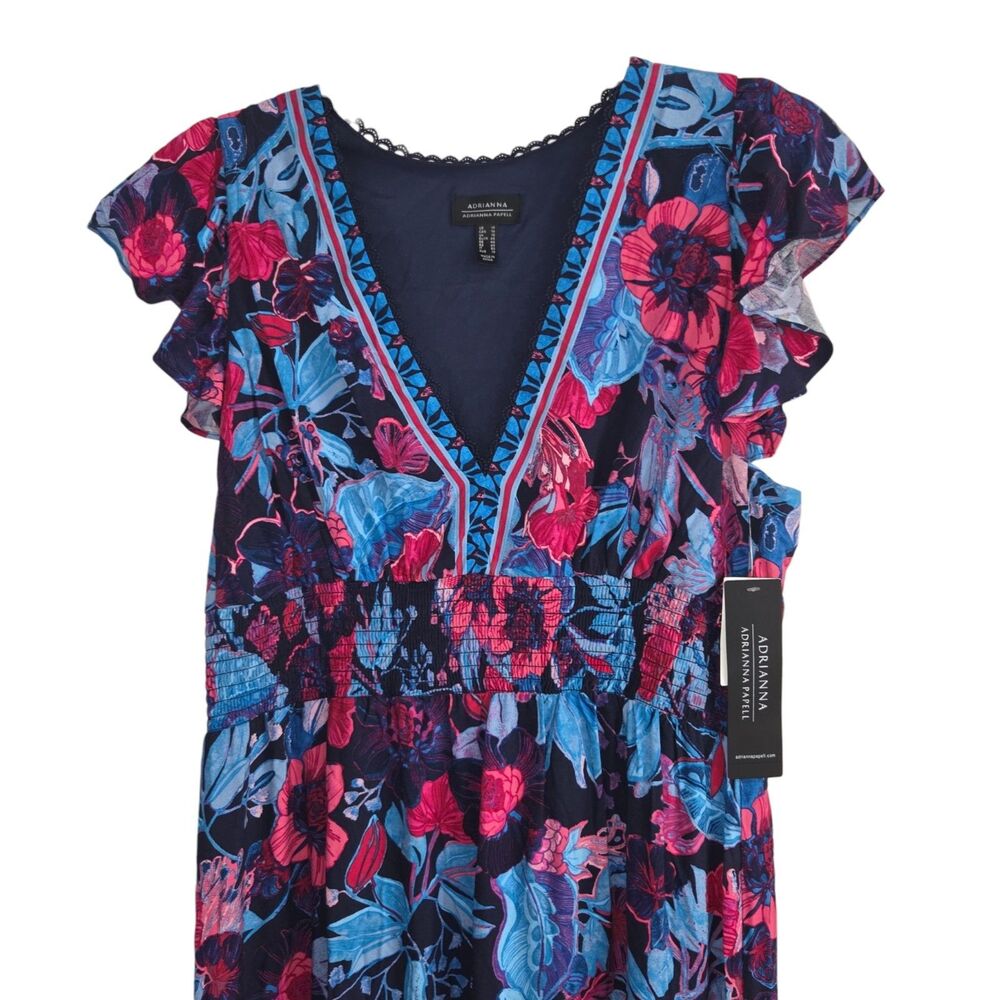 Adrianna Papell Boho Floral‎ Multi Midi Dress Sz14 Smocked Waist Flutter Sleeve - Picture 9 of 14